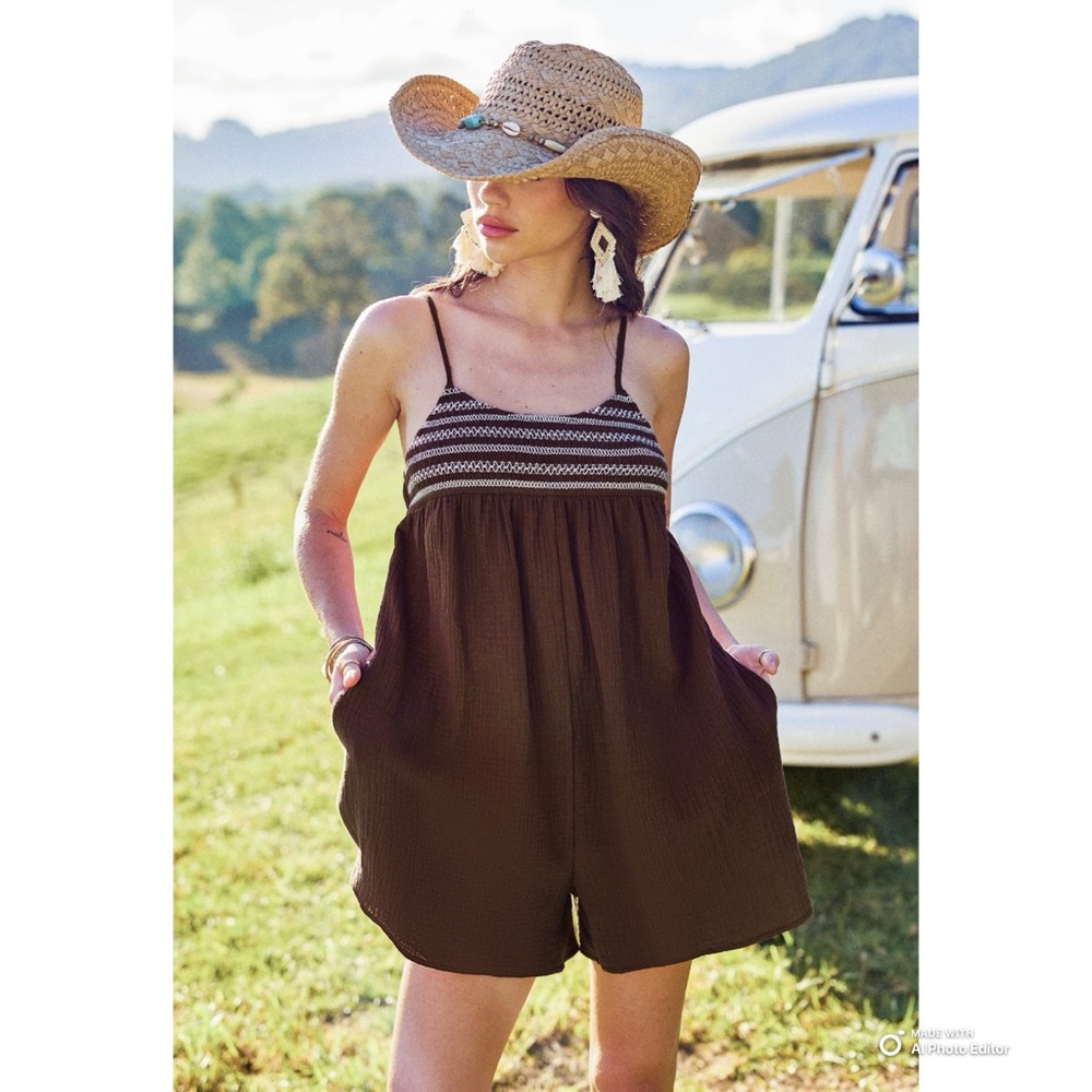 Cupshe Small Brown Cotton Gauze Square Neck Shorts Romper NWT Swim Coverup Boho